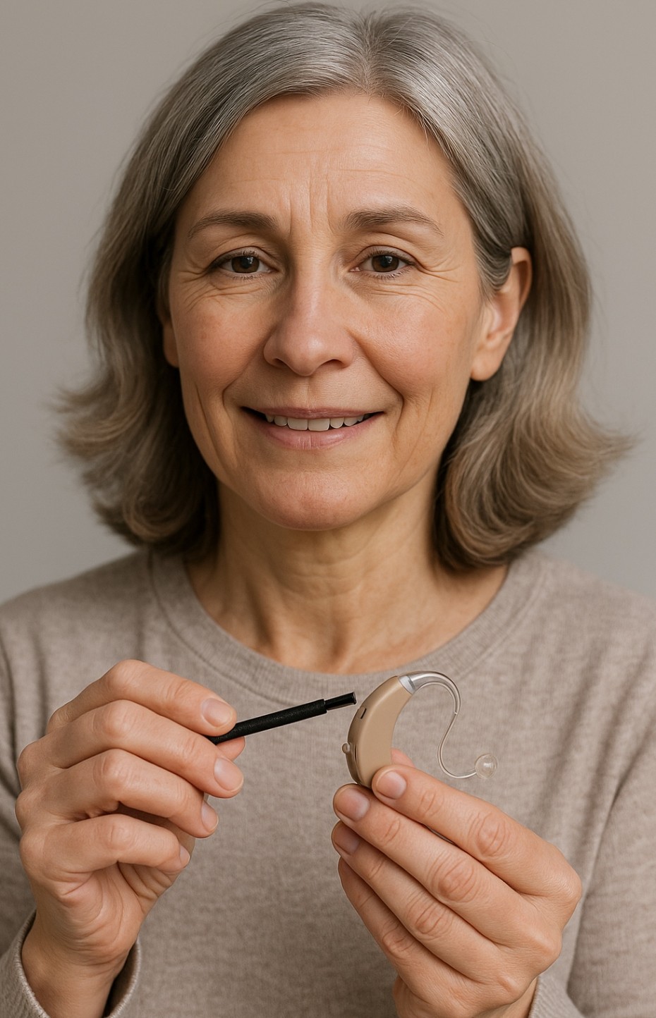 Frau reinigt Hörgerät.